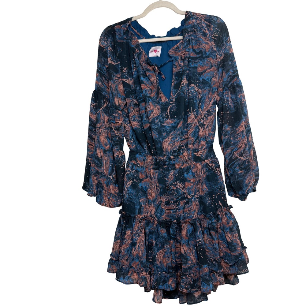 Buddy Love Zozo Marble Print Ruffle Mini Dress Blue Copper Small CG3615